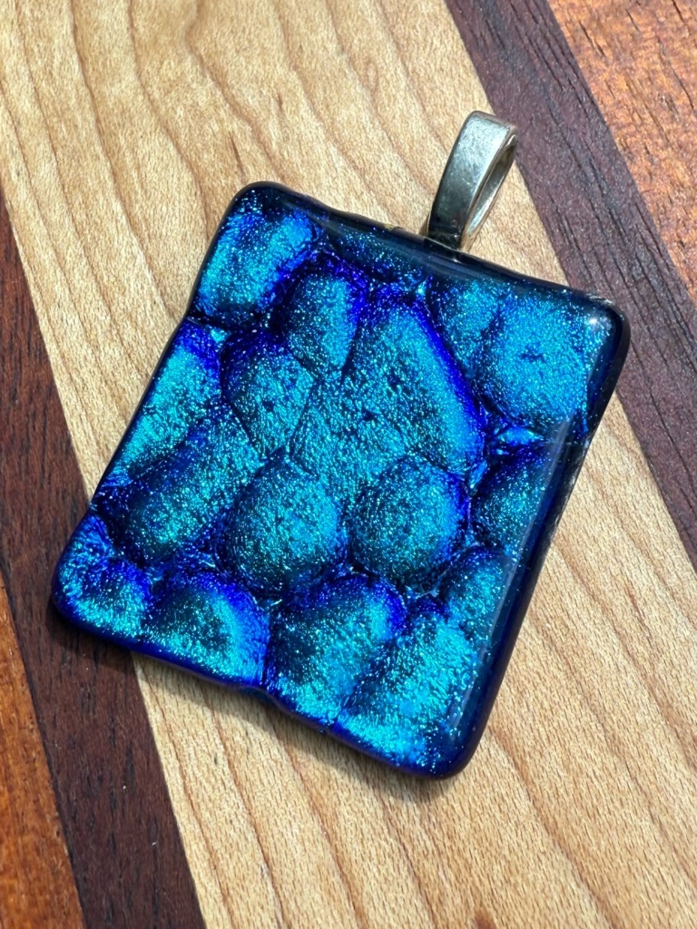 Hand made Dichroic Glass Pendant in Shimmering Teal-Blue